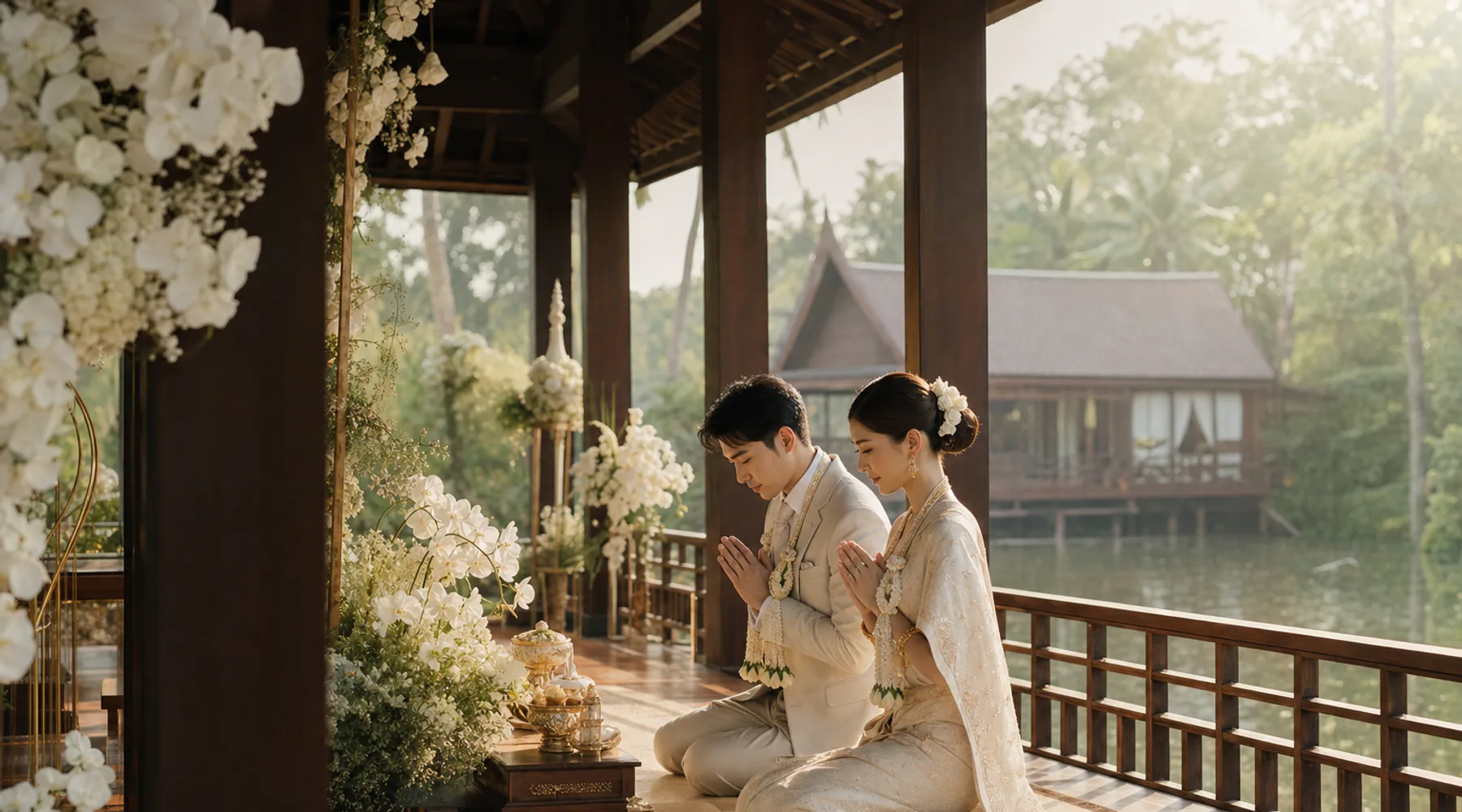 พิธีเช้าริมน้ำ ในเรือนไทยหมู่ — เรือนไทยริมคลองบางกอกน้อย (สถานที่สมมติ)